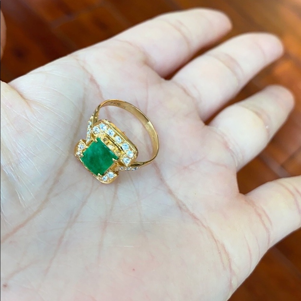 14k Solid Real Gold Rectangle Green Jade Ring - image 3